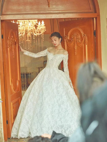 Simple Wedding Dresses Ball Gowns Off The Shoulder White Lace Summer Garden Wedding Dress N4282