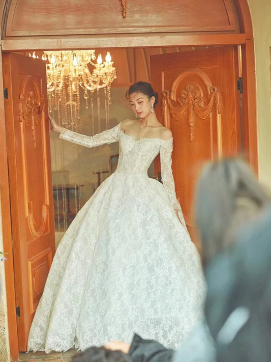 Simple Wedding Dresses Ball Gowns Off The Shoulder White Lace Summer Garden Wedding Dress N4282