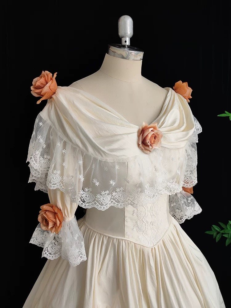 Vintage 80s Wedding Dresses Ball Gowns Off The Shoulder White Lace With Flowers Garden Wedding Dress N4283