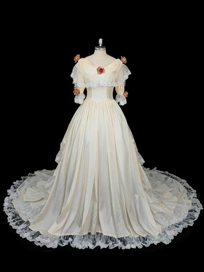 Vintage 80s Wedding Dresses Ball Gowns Off The Shoulder White Lace With Flowers Garden Wedding Dress N4283