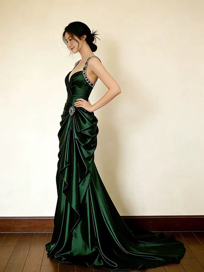 Sexy Prom Dresses Formal Mermaid Sweetheart Dark Green Satin With Beadings Long Party Gowns N4285