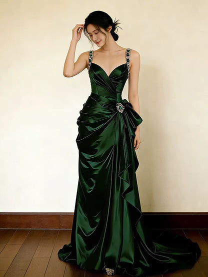 Sexy Prom Dresses Formal Mermaid Sweetheart Dark Green Satin With Beadings Long Party Gowns N4285