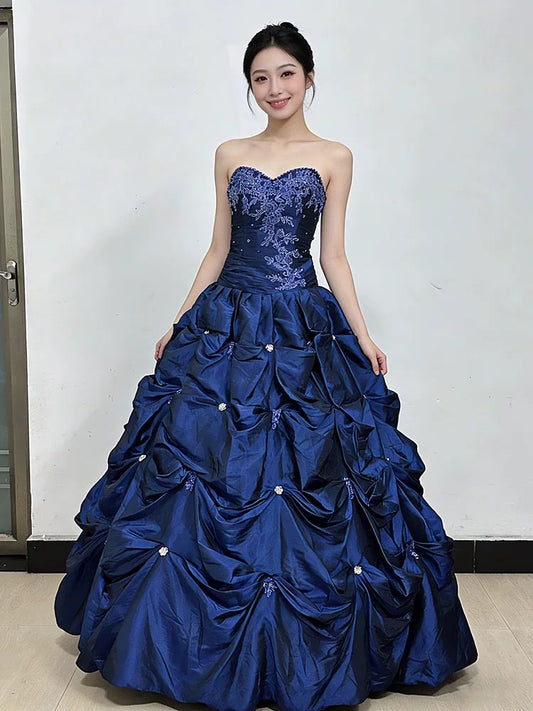 Princess Prom Dresses Ball Gowns Sweetheart Navy Blue Taffeta Evening Long Formal Dress N4287