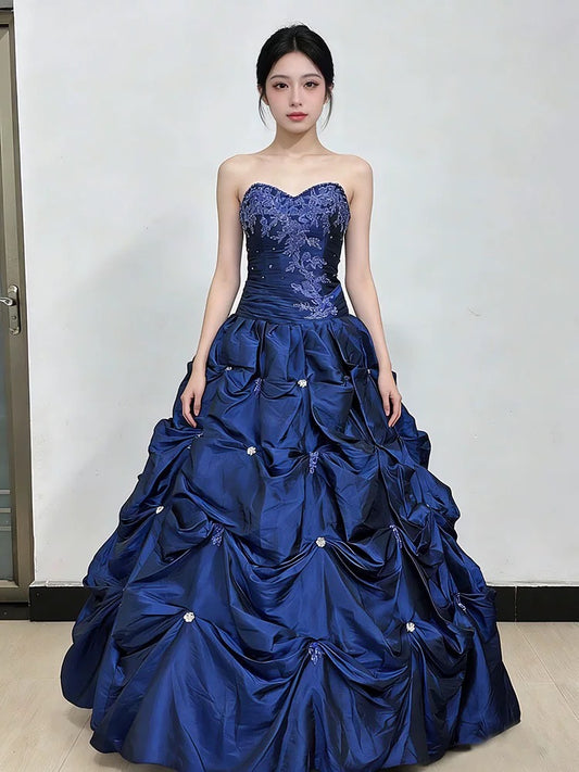 Princess Prom Dresses Ball Gowns Sweetheart Navy Blue Taffeta Evening Long Formal Dress N4287