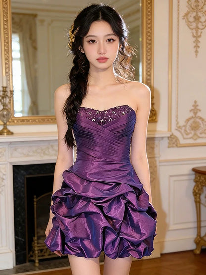 Vintage Sheath Strapless Purple Satin Short Mini Party Dress Cocktail Homecoming Dresses N4281