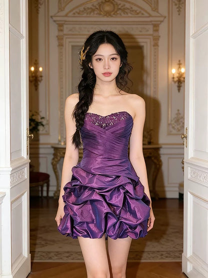 Vintage Sheath Strapless Purple Satin Short Mini Party Dress Cocktail Homecoming Dresses N4281