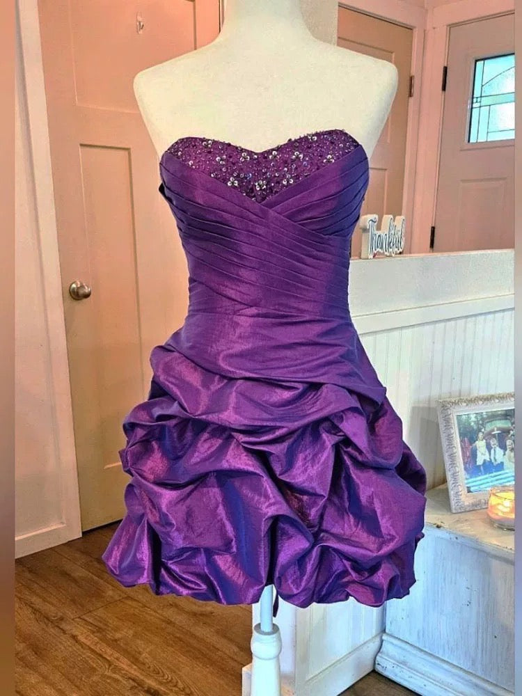 Vintage Sheath Strapless Purple Satin Short Mini Party Dress Cocktail Homecoming Dresses N4281