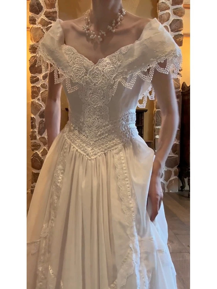 Chic Wedding Dresses A line Off The Shoulder White Lace With Sleeves Garden Wedding Dress N4288
