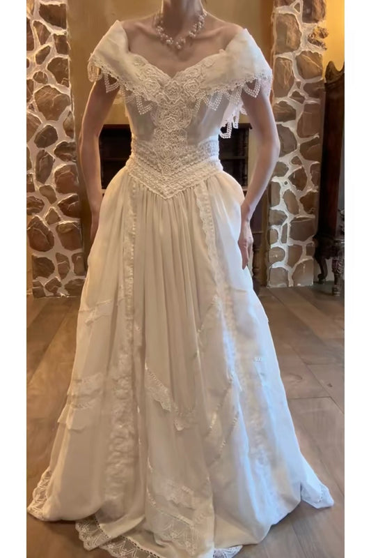 Chic Wedding Dresses A line Off The Shoulder White Lace With Sleeves Garden Wedding Dress N4288