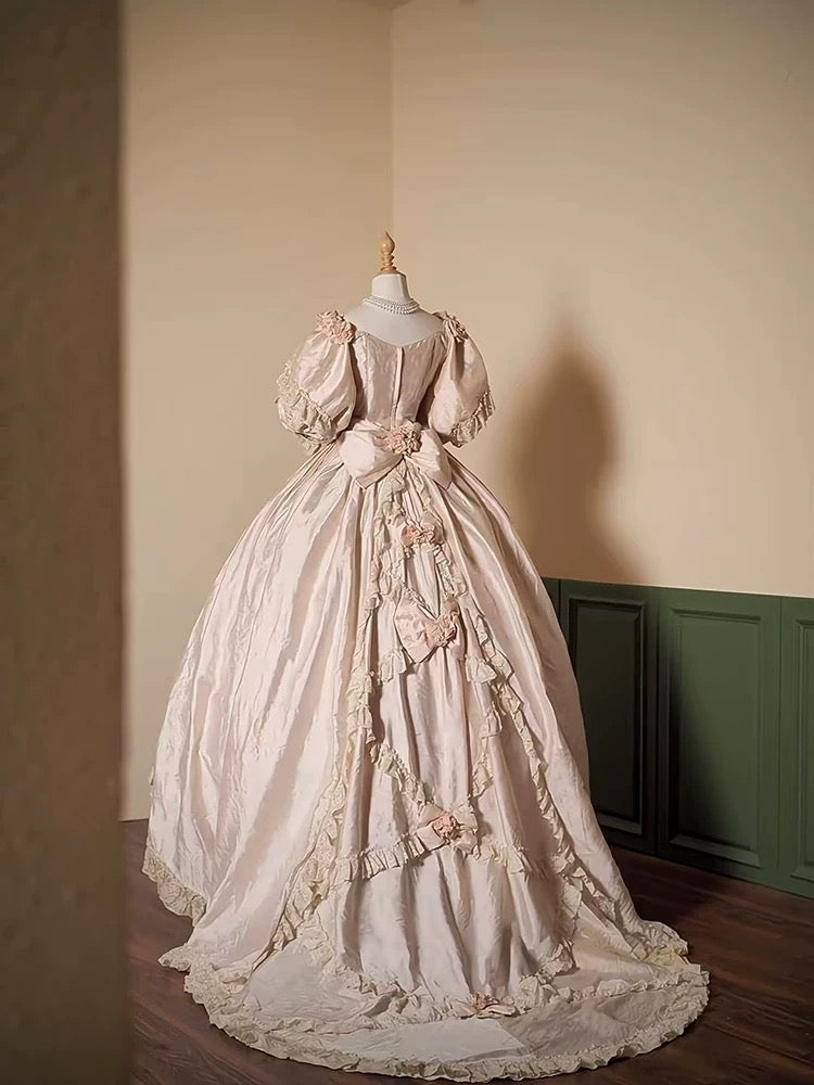 Chic Wedding Dresses Ball Gowns Vintage V Neck Pink With Sleeves Flowers Garden Wedding Dress N4289