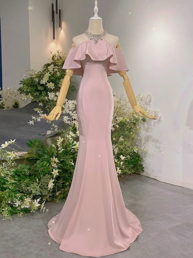 Sexy Prom Dresses Formal Mermaid High Neck Pink With Beadings Long Party Gowns N4292