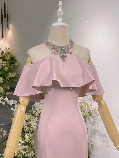 Sexy Prom Dresses Formal Mermaid High Neck Pink With Beadings Long Party Gowns N4292