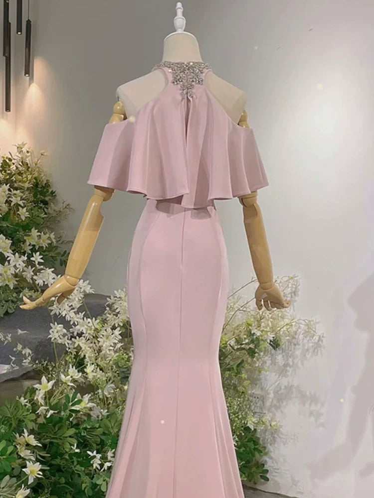 Sexy Prom Dresses Formal Mermaid High Neck Pink With Beadings Long Party Gowns N4292