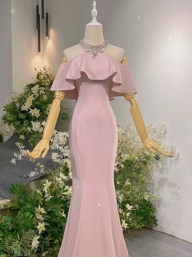 Sexy Prom Dresses Formal Mermaid High Neck Pink With Beadings Long Party Gowns N4292