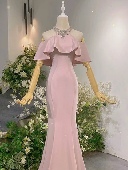 Sexy Prom Dresses Formal Mermaid High Neck Pink With Beadings Long Party Gowns N4292