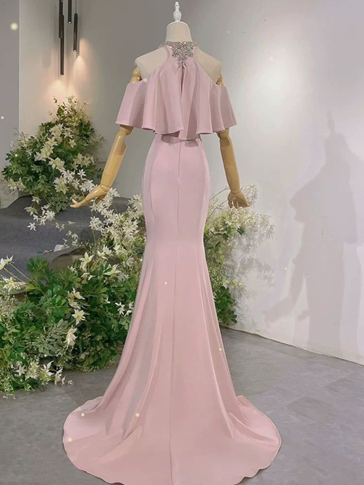 Sexy Prom Dresses Formal Mermaid High Neck Pink With Beadings Long Party Gowns N4292