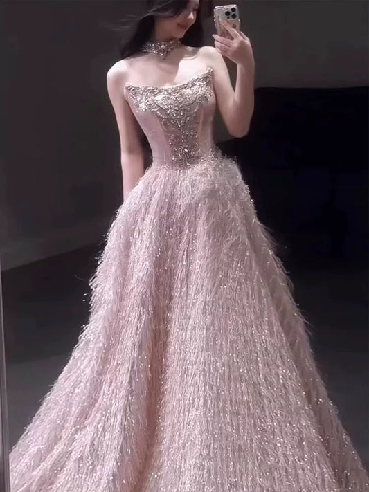 Princess Prom Dresses Ball Gowns Strapless Pink Beading Evening Long Formal Dress N4295