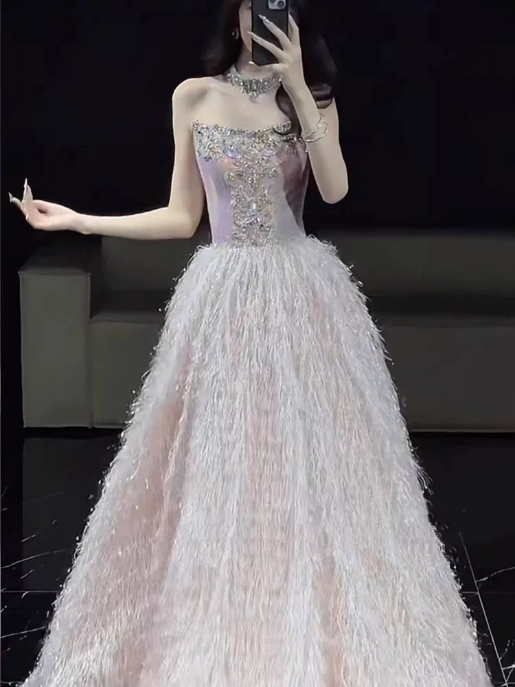 Princess Prom Dresses Ball Gowns Strapless Pink Beading Evening Long Formal Dress N4295