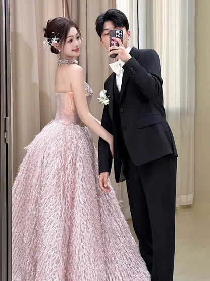 Princess Prom Dresses Ball Gowns Strapless Pink Beading Evening Long Formal Dress N4295