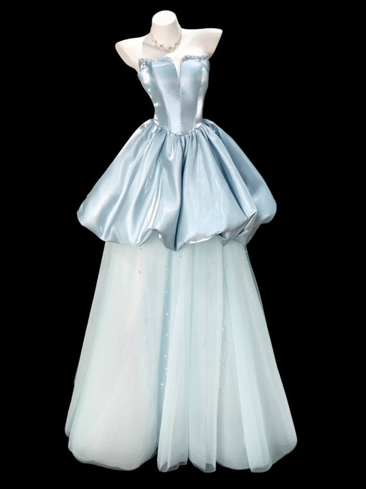 Princess Prom Dresses Ball Gowns Strapless Light Sky Blue Evening Long Formal Dress N4297