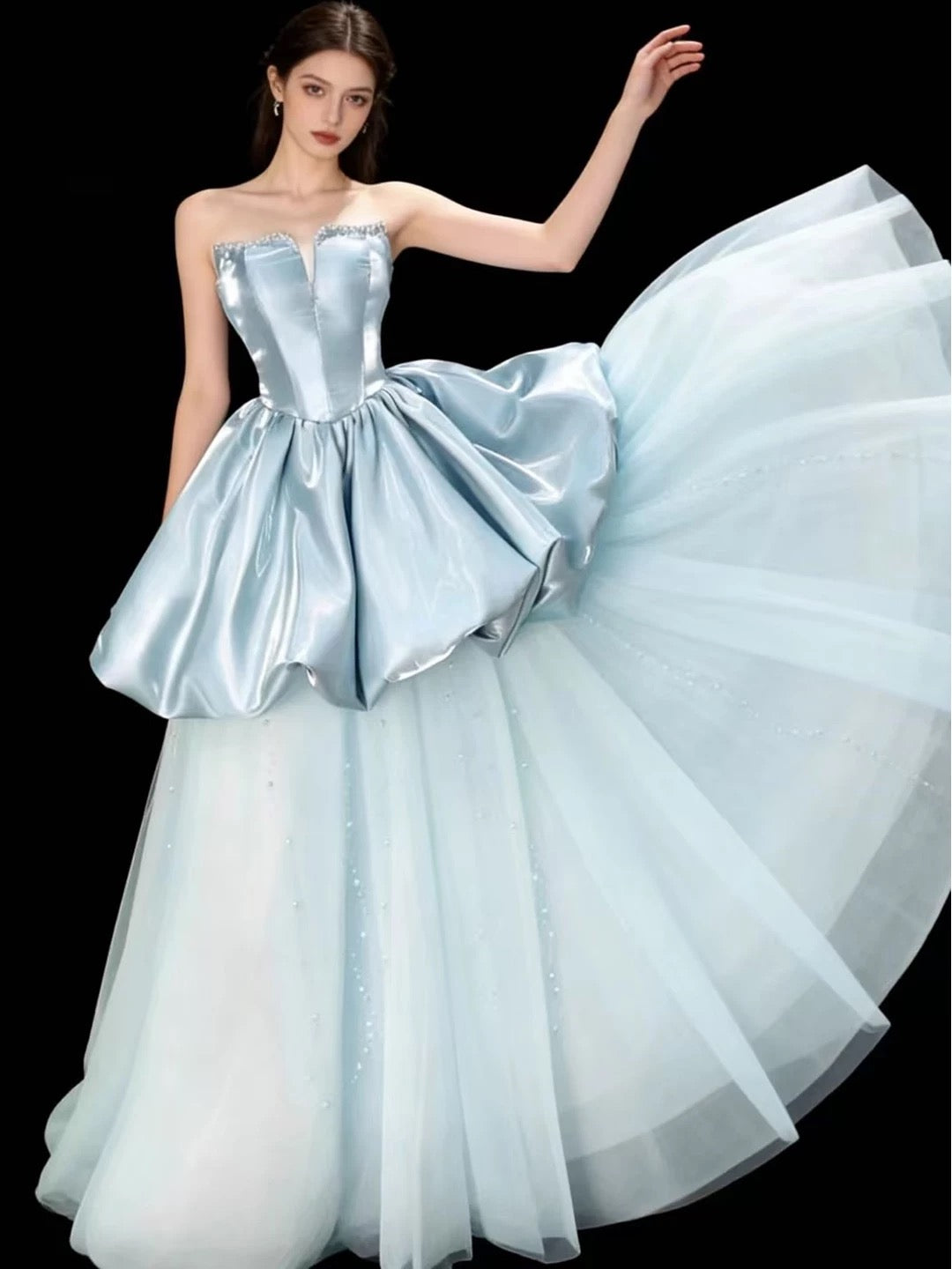 Princess Prom Dresses Ball Gowns Strapless Light Sky Blue Evening Long Formal Dress N4297