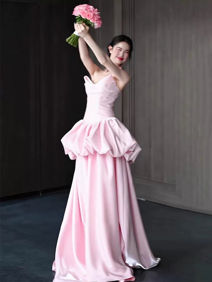 Dreamy Prom Dresses A Line Sweetheart Pink With Ruffle Sleeveless Evening Long Formal Outfits RB3725
