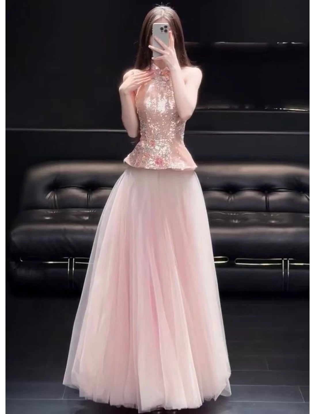 Dreamy Prom Dresses A Line High Neck Pink Tulle With Flowers Sleeveless Evening Long Formal Outfits RB3726