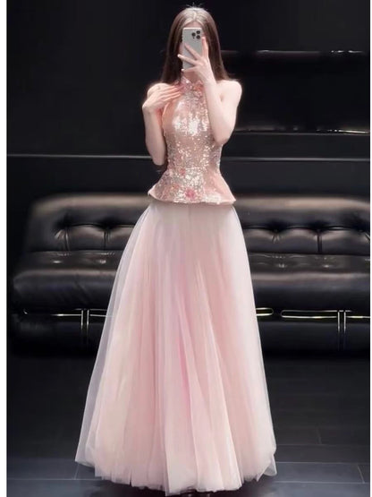 Dreamy Prom Dresses A Line High Neck Pink Tulle With Flowers Sleeveless Evening Long Formal Outfits RB3726