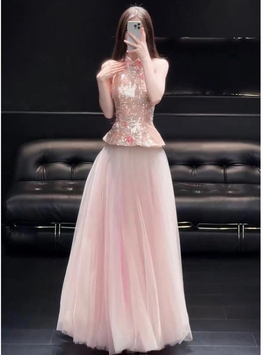 Dreamy Prom Dresses A Line High Neck Pink Tulle With Flowers Sleeveless Evening Long Formal Outfits RB3726