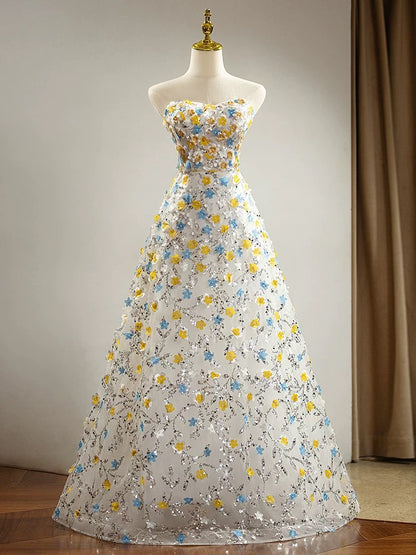 Beautiful Prom Dresses A Line Sweetheart Tulle With Flowers Sleeveless Evening Long Formal Outfits RB3727