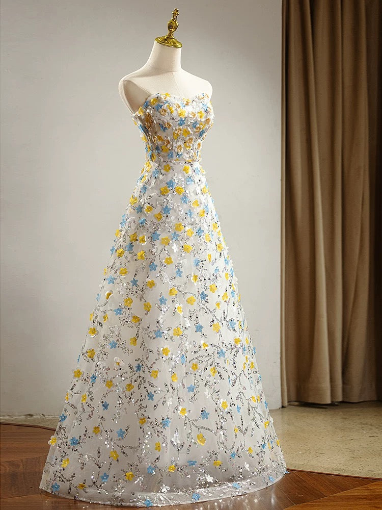 Beautiful Prom Dresses A Line Sweetheart Tulle With Flowers Sleeveless Evening Long Formal Outfits RB3727