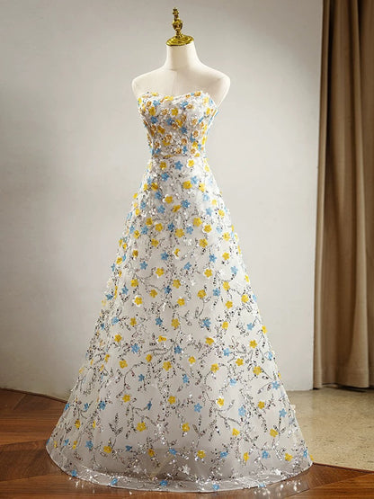 Beautiful Prom Dresses A Line Sweetheart Tulle With Flowers Sleeveless Evening Long Formal Outfits RB3727