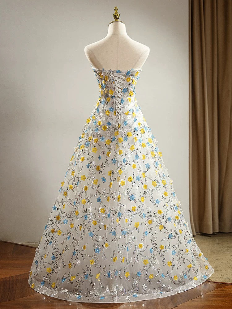 Beautiful Prom Dresses A Line Sweetheart Tulle With Flowers Sleeveless Evening Long Formal Outfits RB3727