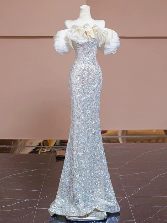 Elegant Prom Dresses Mermaid Off The Shoulder White Sequin Corset Fitted Evening Long Formal Party Outfits RB3728