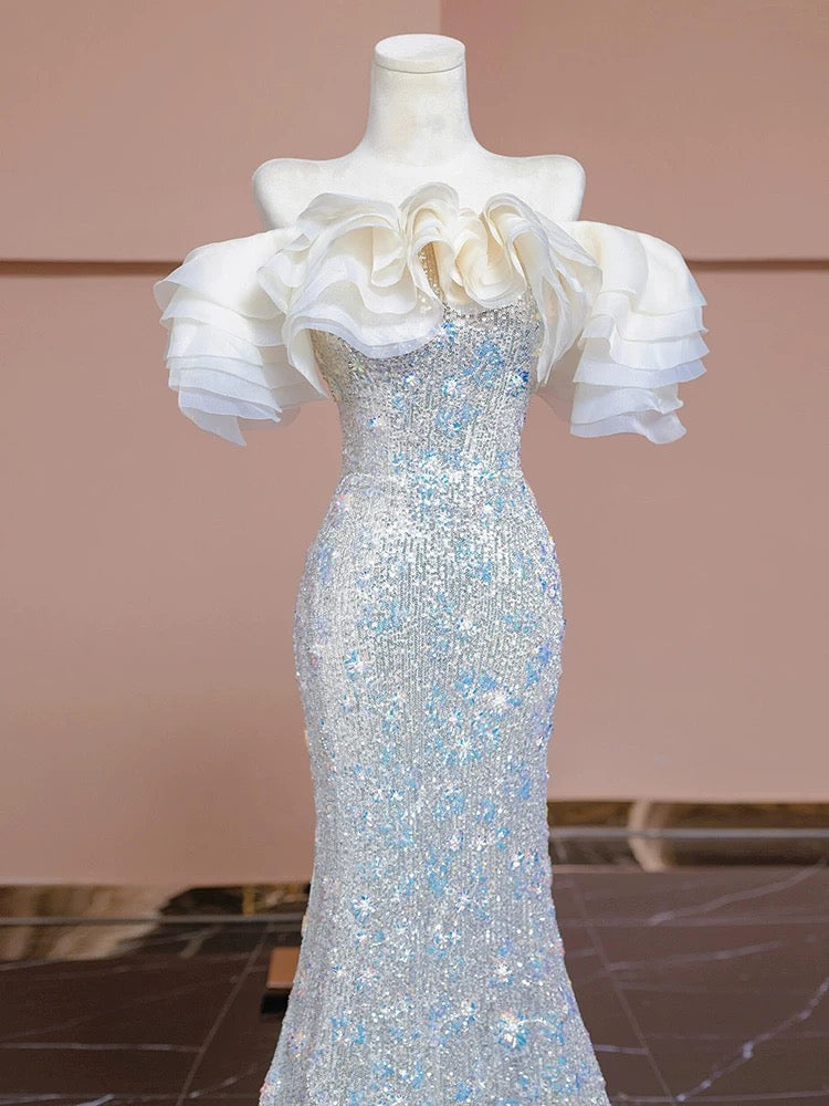 Elegant Prom Dresses Mermaid Off The Shoulder White Sequin Corset Fitted Evening Long Formal Party Outfits RB3728