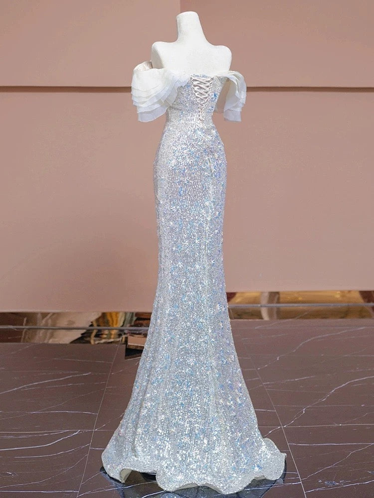 Elegant Prom Dresses Mermaid Off The Shoulder White Sequin Corset Fitted Evening Long Formal Party Outfits RB3728