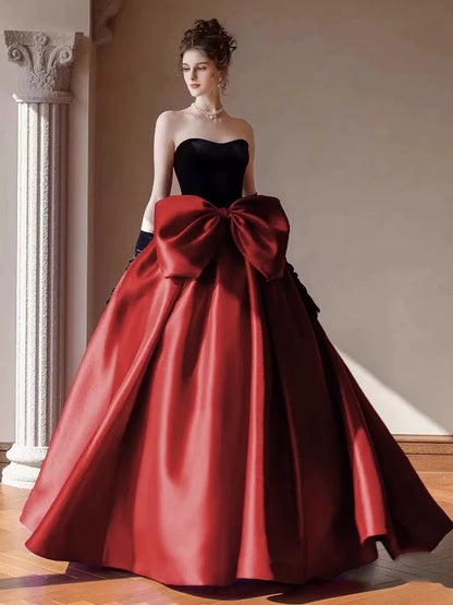 Princess Prom Dresses Ball Gowns Strapless Burgundy With Gloves Velvet Evening Long Formal Dress RB3730