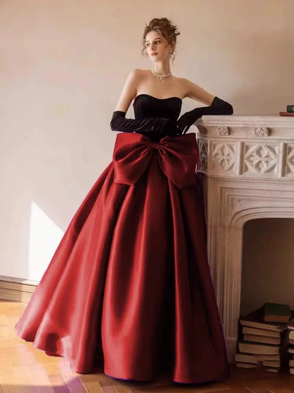 Princess Prom Dresses Ball Gowns Strapless Burgundy With Gloves Velvet Evening Long Formal Dress RB3730