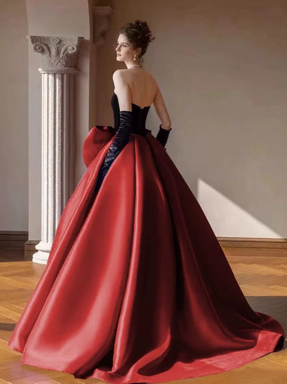 Princess Prom Dresses Ball Gowns Strapless Burgundy With Gloves Velvet Evening Long Formal Dress RB3730