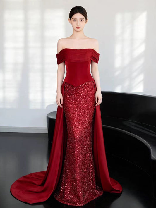 Elegant Prom Dresses Mermaid Off The Shoulder Red Corset Fitted Evening Long Formal Party Outfits RB3729