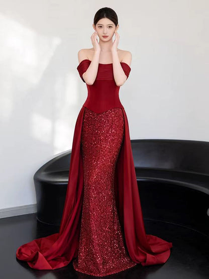 Elegant Prom Dresses Mermaid Off The Shoulder Red Corset Fitted Evening Long Formal Party Outfits RB3729