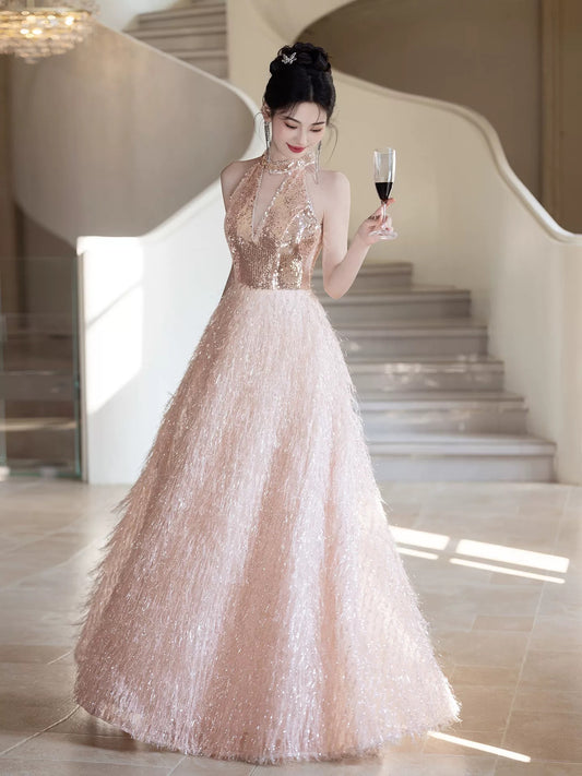 Sexy Prom Dresses A Line Halter Light Pink Sequin Evening Long Formal Dress RB3731