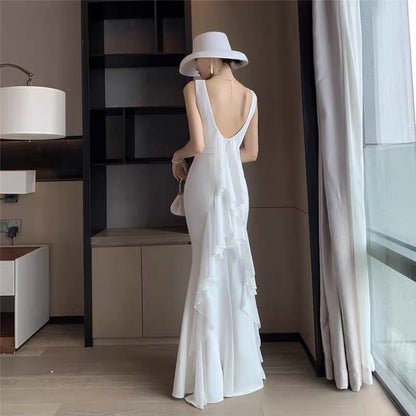 Sexy Mermaid Scoop White Satin With Ruffle Evening Long Semi Formal Dress RB3735