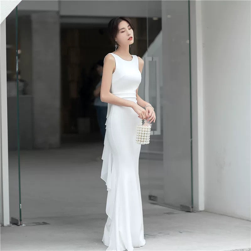 Sexy Mermaid Scoop White Satin With Ruffle Evening Long Semi Formal Dress RB3735
