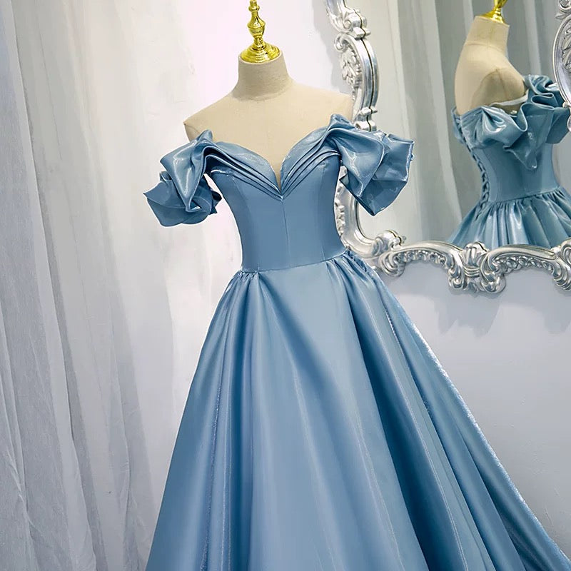 Elegant Prom Dresses Ball Gown Off The Shoulder Blue Satin Corset Fitted Evening Long Formal Party Outfits RB3736