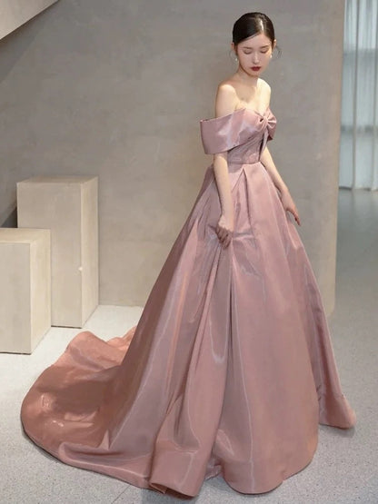 Elegant Prom Dresses Ball Gown Off The Shoulder Pink Satin Corset Fitted Evening Long Formal Party Outfits RB3737