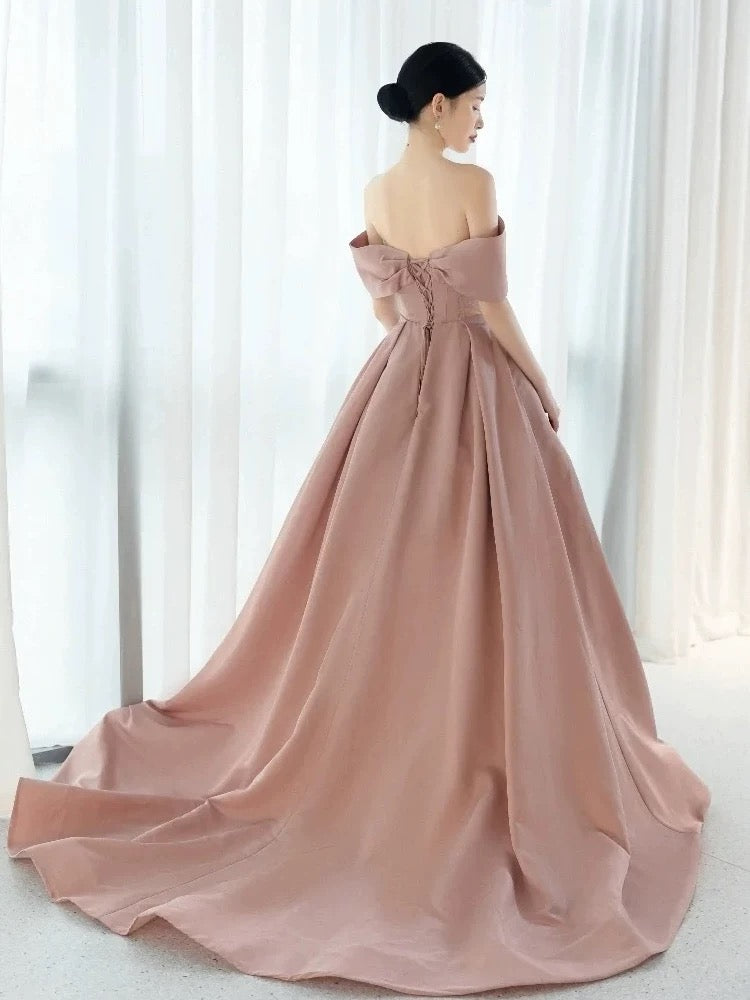 Elegant Prom Dresses Ball Gown Off The Shoulder Pink Satin Corset Fitted Evening Long Formal Party Outfits RB3737
