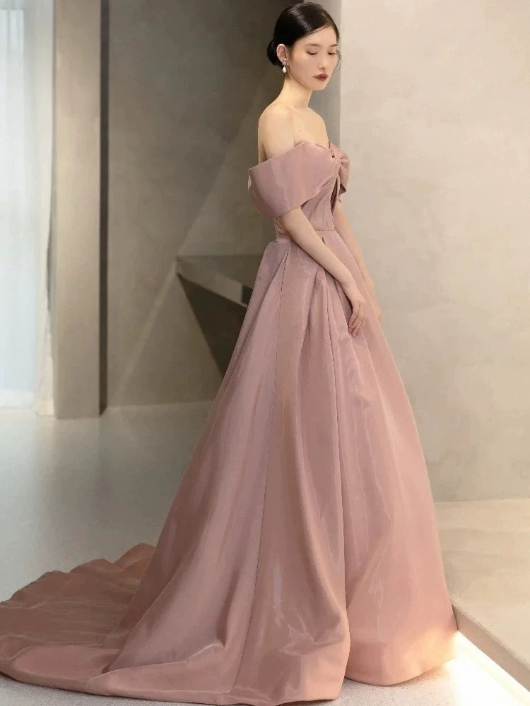 Elegant Prom Dresses Ball Gown Off The Shoulder Pink Satin Corset Fitted Evening Long Formal Party Outfits RB3737
