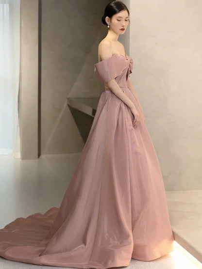 Elegant Prom Dresses Ball Gown Off The Shoulder Pink Satin Corset Fitted Evening Long Formal Party Outfits RB3737