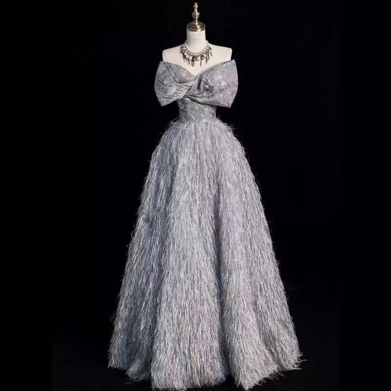 Princess Prom Dresses Ball Gown Strapless Grey With Bow Evening Long Formal Dress RB3739